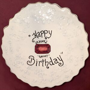 Blue Sky Heather Goldminc BIRTHDAY JANUARY GARNET Ceramic Plate Tealight 6.75"